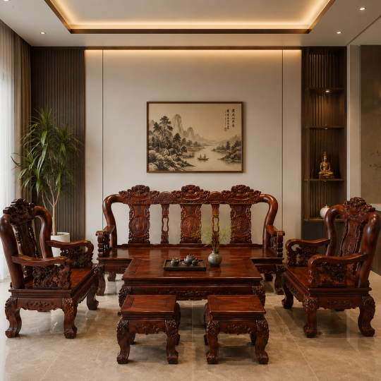 Bàn Ghế Phòng Khách Gỗ Xoan Đào Chạm Nghê Tay 12 6 Món