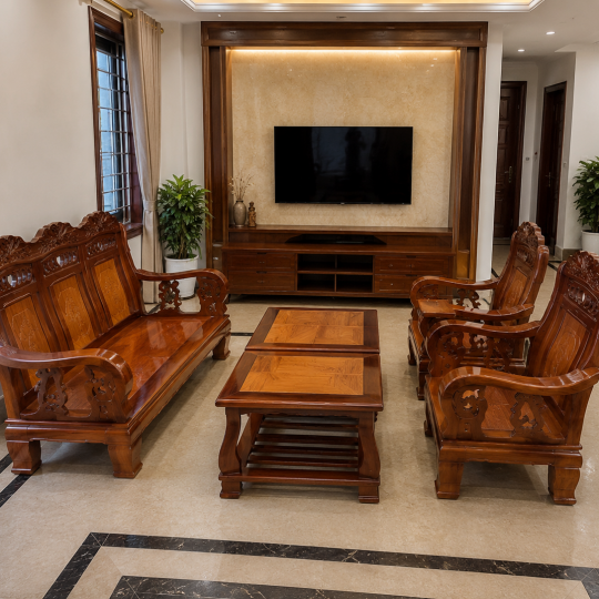 Bàn Ghế Phòng Khách Giá Rẻ Gỗ Xoan Đào Chạm Tứ Quý 01